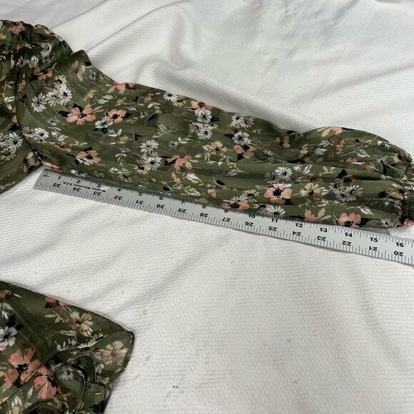 Current Air Green‎ Floral Long Sleeve Smocked Waist V Neck Dress Sz M - Picture 7 of 9